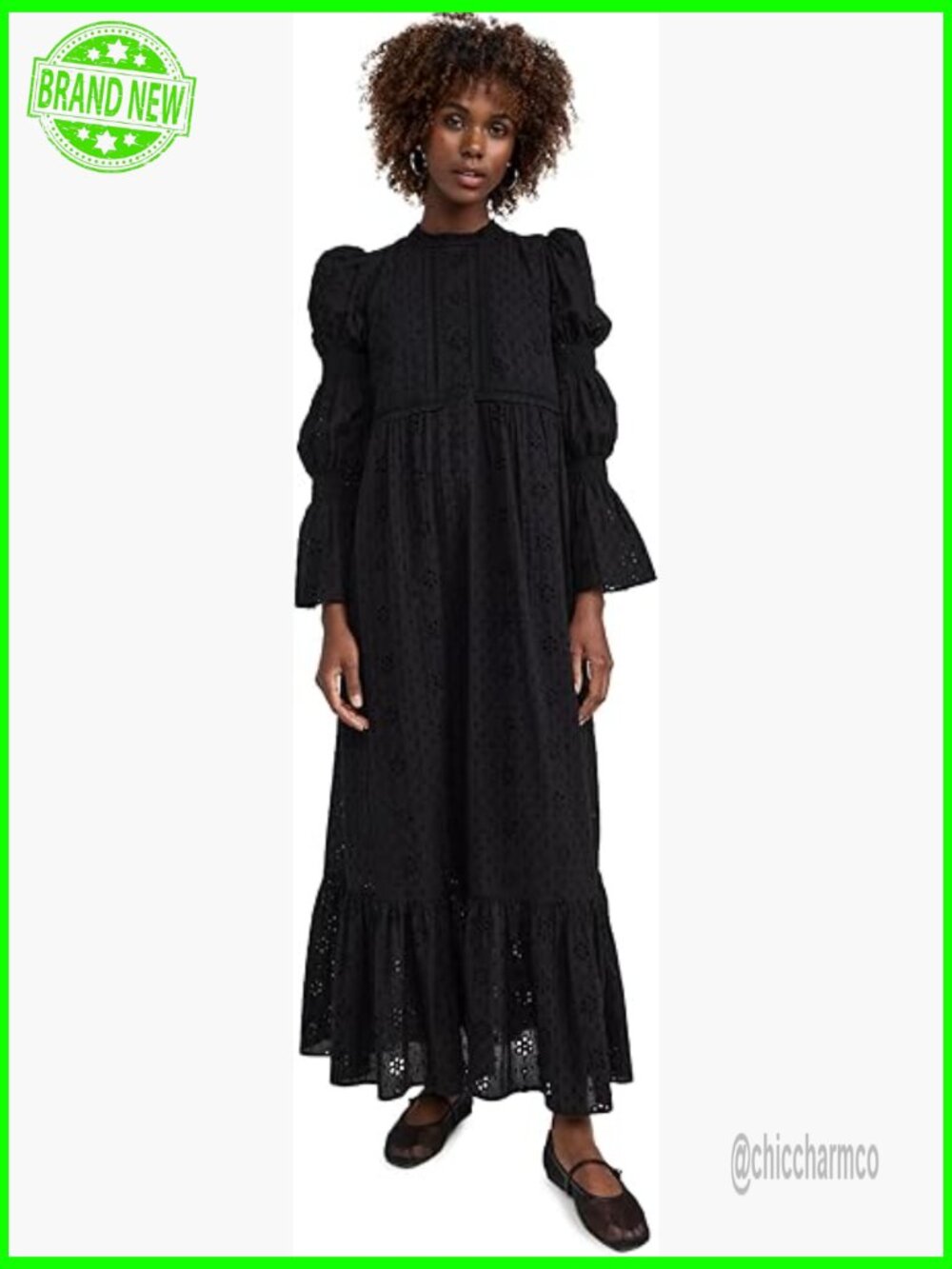 Embroidered Swiss Dot Maxi Dress, Long Sleeve, Tiered Hem, Size S